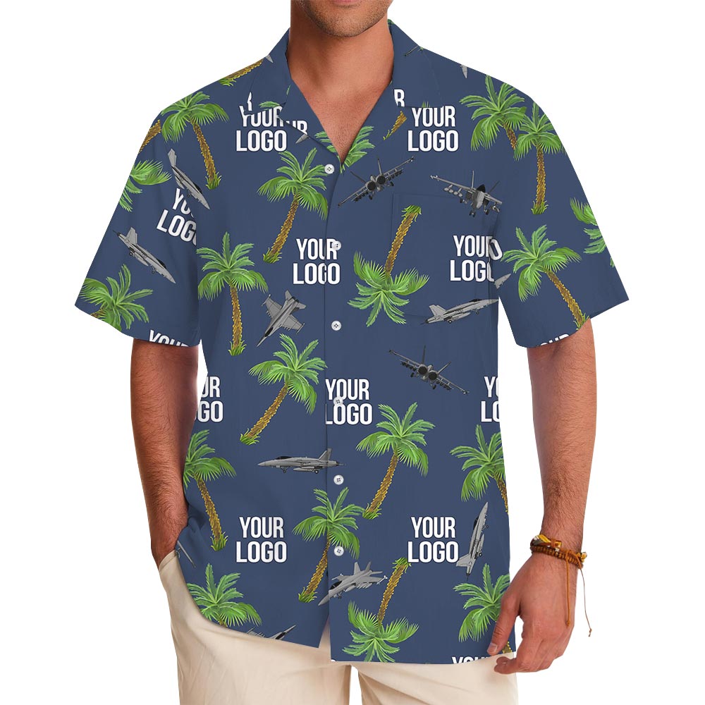 Custom Logo Airplanes Navy Tropical Button Up Hawaiian Shirt - variant image 1