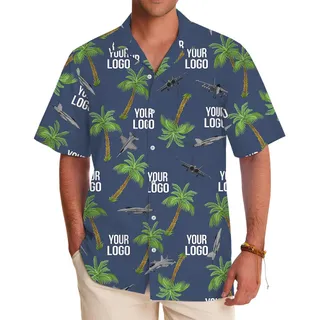 Custom Logo Airplanes Navy Tropical Button Up Hawaiian Shirt