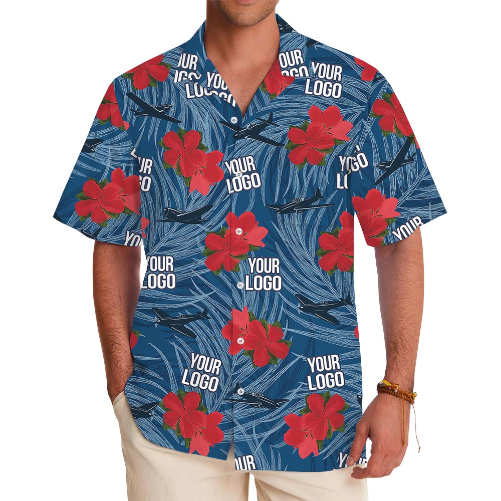 Custom Military Aircraft Logo Red Flowers Blue Tropical Shirt - variant image 1