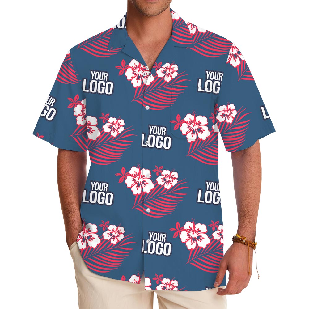 Custom Logo Pink Hibiscus Navy Hawaiian Beach Shirt - variant image 1