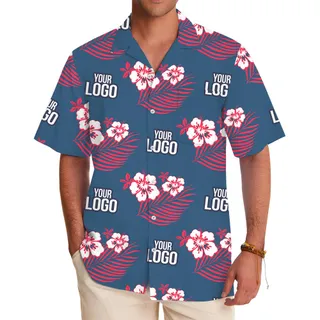 Custom Logo Pink Hibiscus Navy Hawaiian Beach Shirt