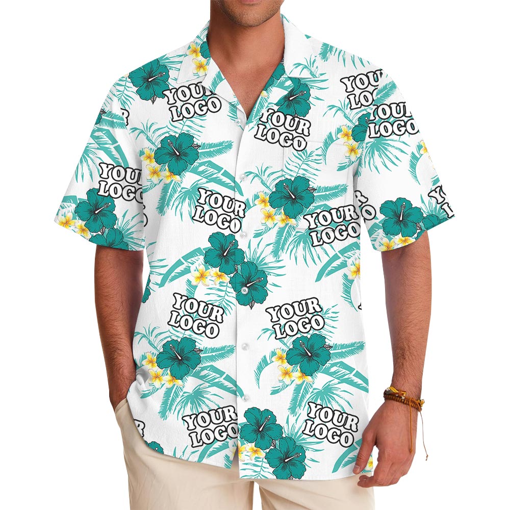 Custom Logo Green Tropical White Aloha Shirt - variant image 1