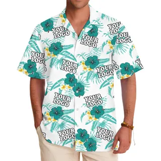 Custom Logo Green Tropical White Aloha Shirt