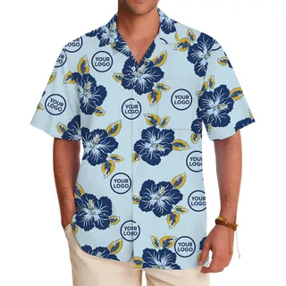 Light Blue Hawaiian Shirt With Floral And Custom Logo
