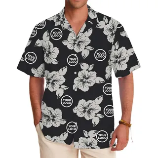 Black And Gray Floral Aloha Shirt With Logo