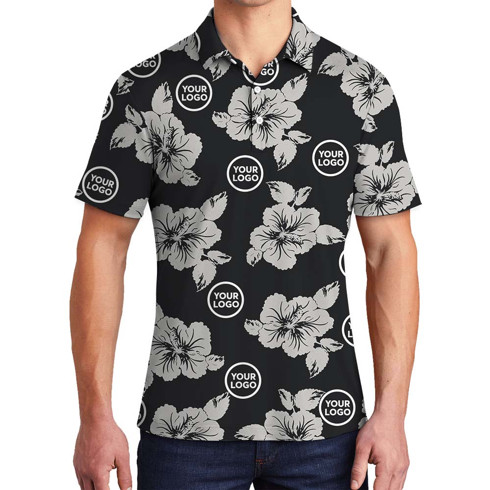 Custom Branding Black Polo Shirt With Hibiscus Print - variant image 1