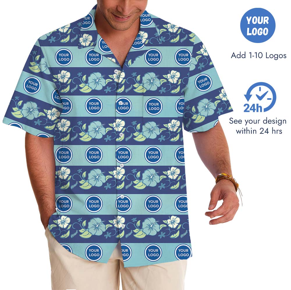 Blue Floral Vintage Hawaiian Shirt With Custom Logo