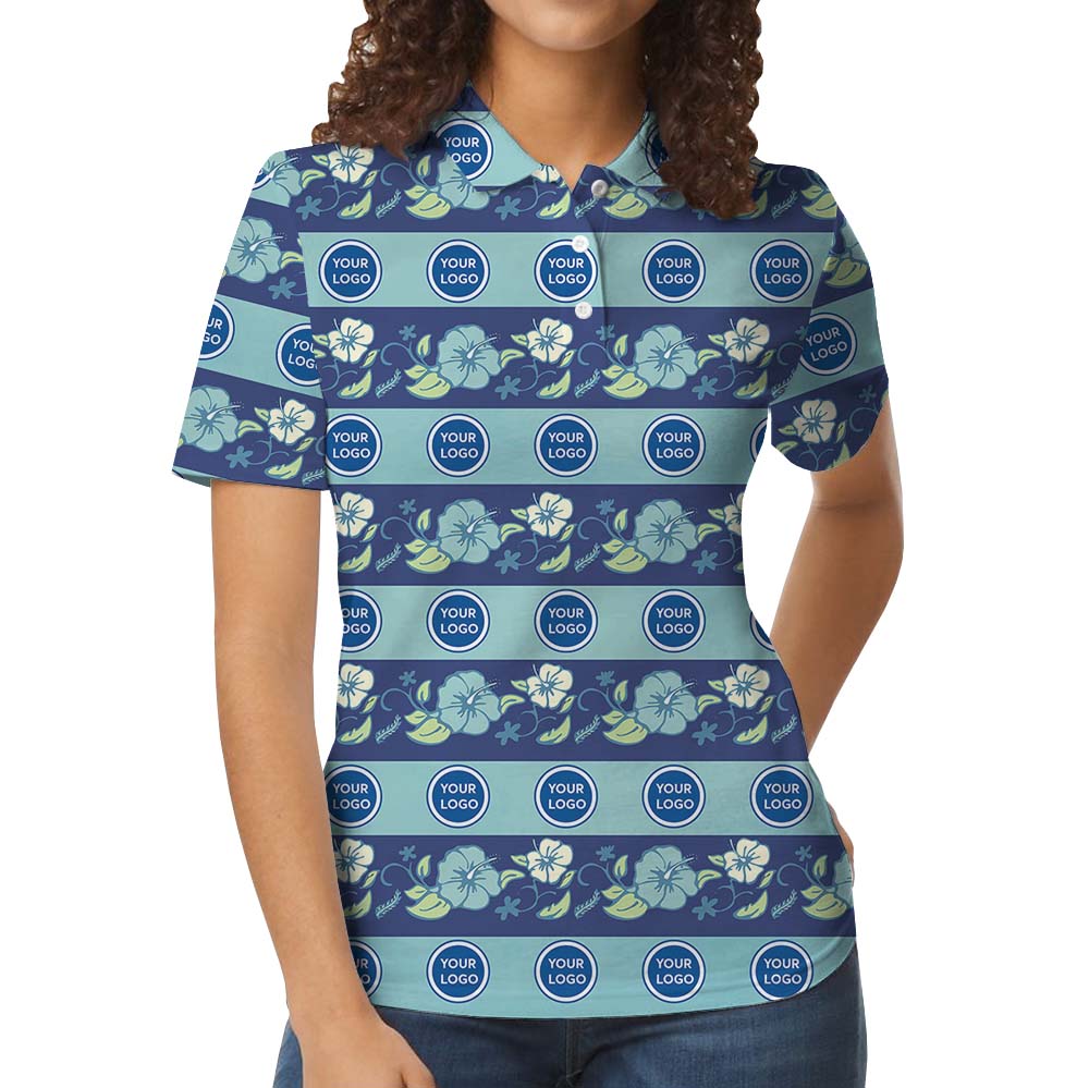 Personalized Logo Blue Polo Shirt With Floral Print
