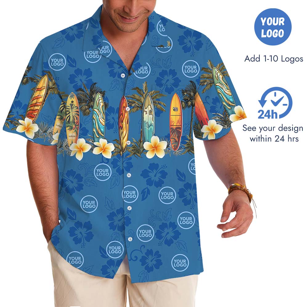 Custom Logo Surfing Navy Hawaiian Shirt With Preview