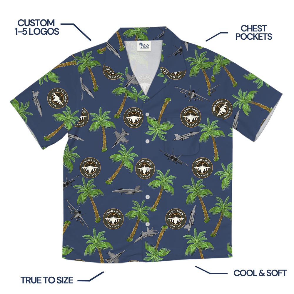 Custom Logo Airplanes Navy Tropical Button Up Hawaiian Shirt