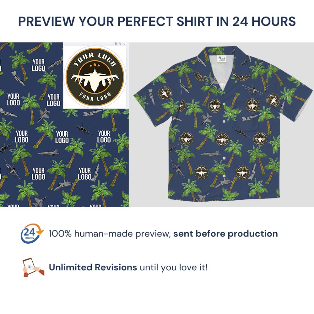 Custom Logo Airplanes Navy Tropical Button Up Hawaiian Shirt