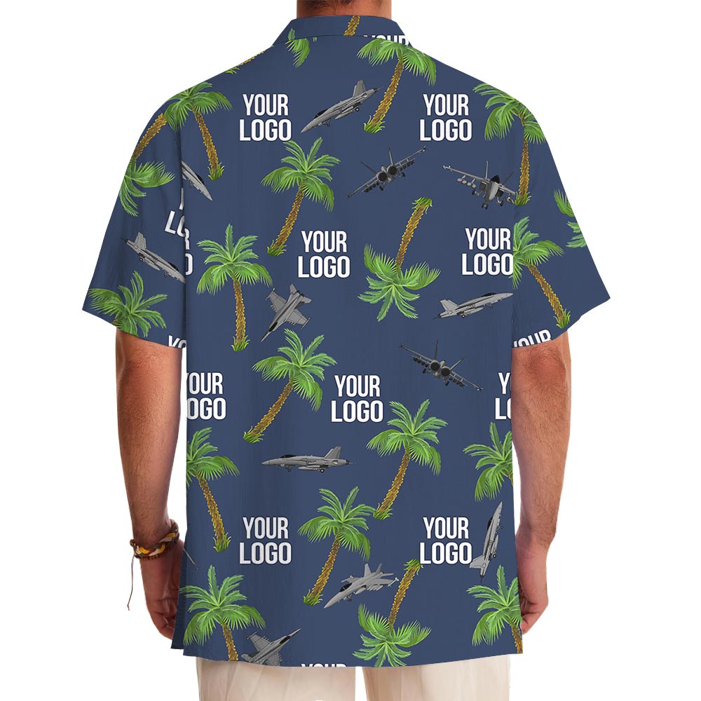 Custom Logo Airplanes Navy Tropical Button Up Hawaiian Shirt