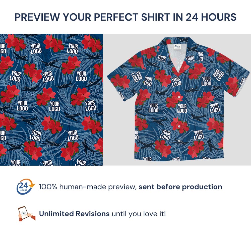 Custom Military Aircraft Logo Red Flowers Blue Tropical Shirt