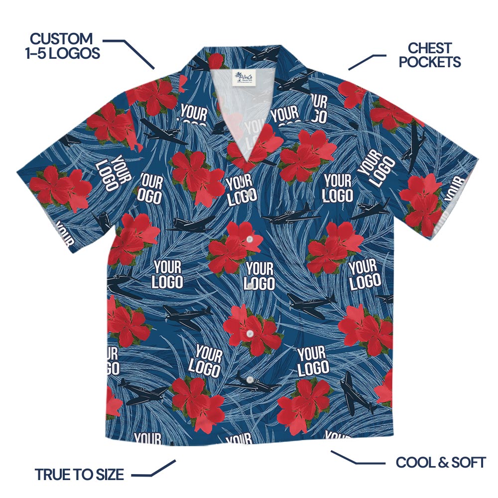 Custom Military Aircraft Logo Red Flowers Blue Tropical Shirt