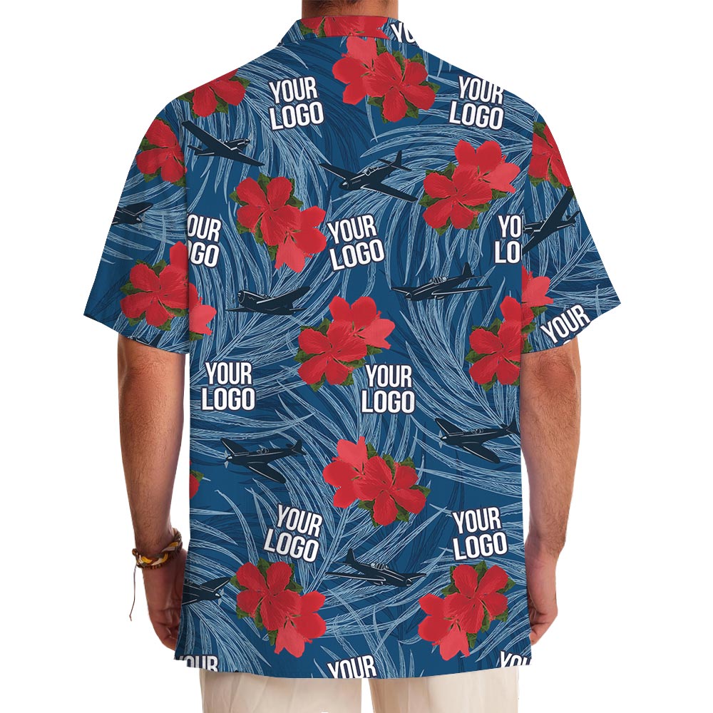 Custom Military Aircraft Logo Red Flowers Blue Tropical Shirt