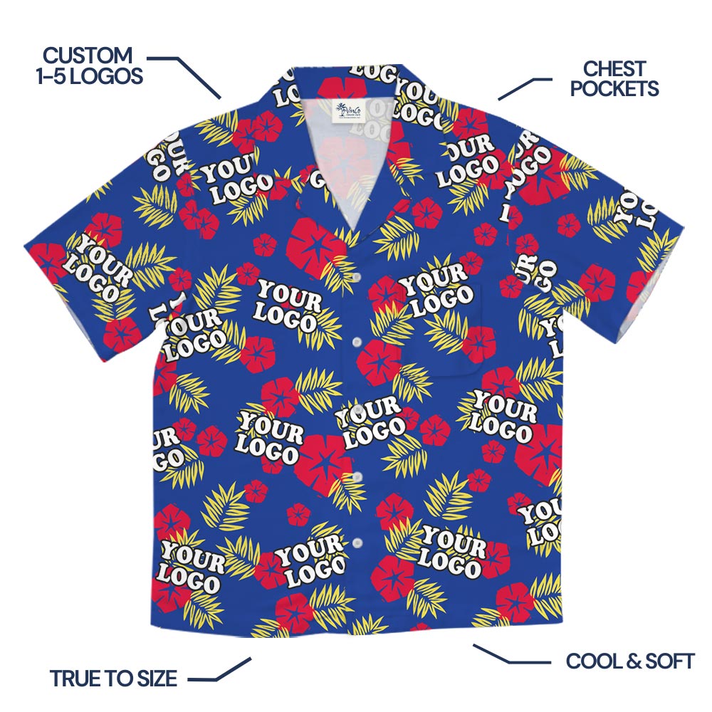 Bulk Customized Company Logo Tropical Red Blue Hawaiian Shirt