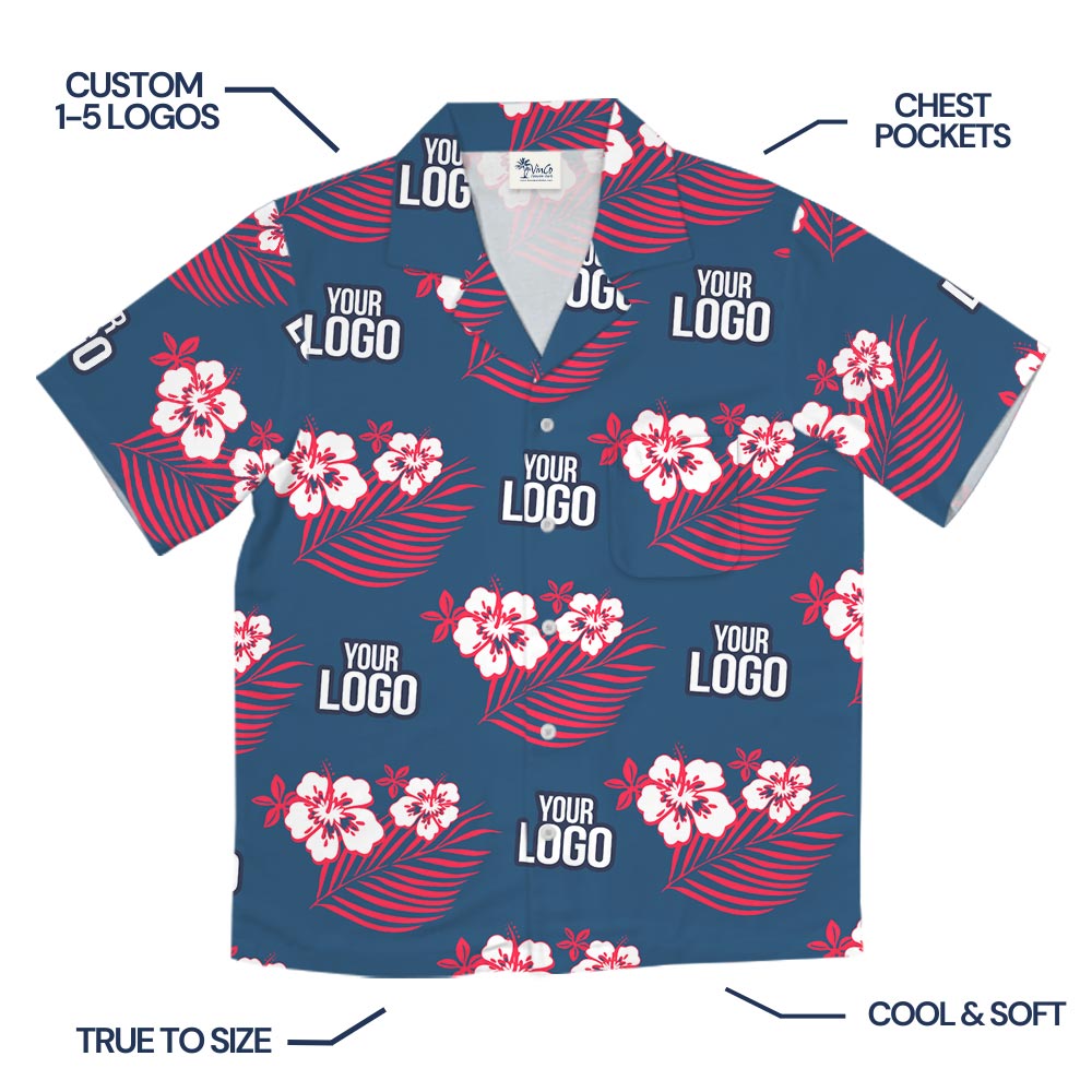 Custom Logo Pink Hibiscus Navy Hawaiian Beach Shirt