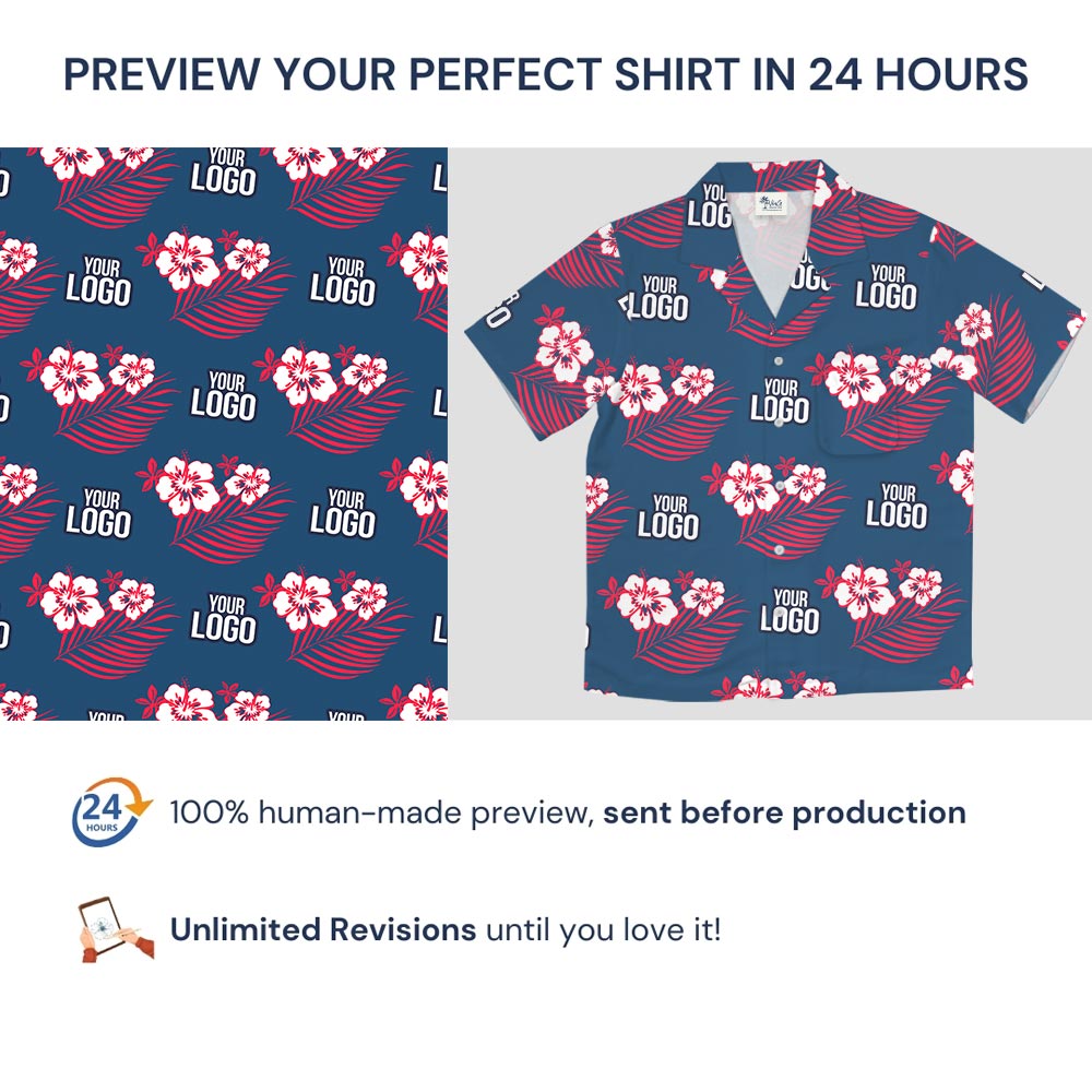 Custom Logo Pink Hibiscus Navy Hawaiian Beach Shirt