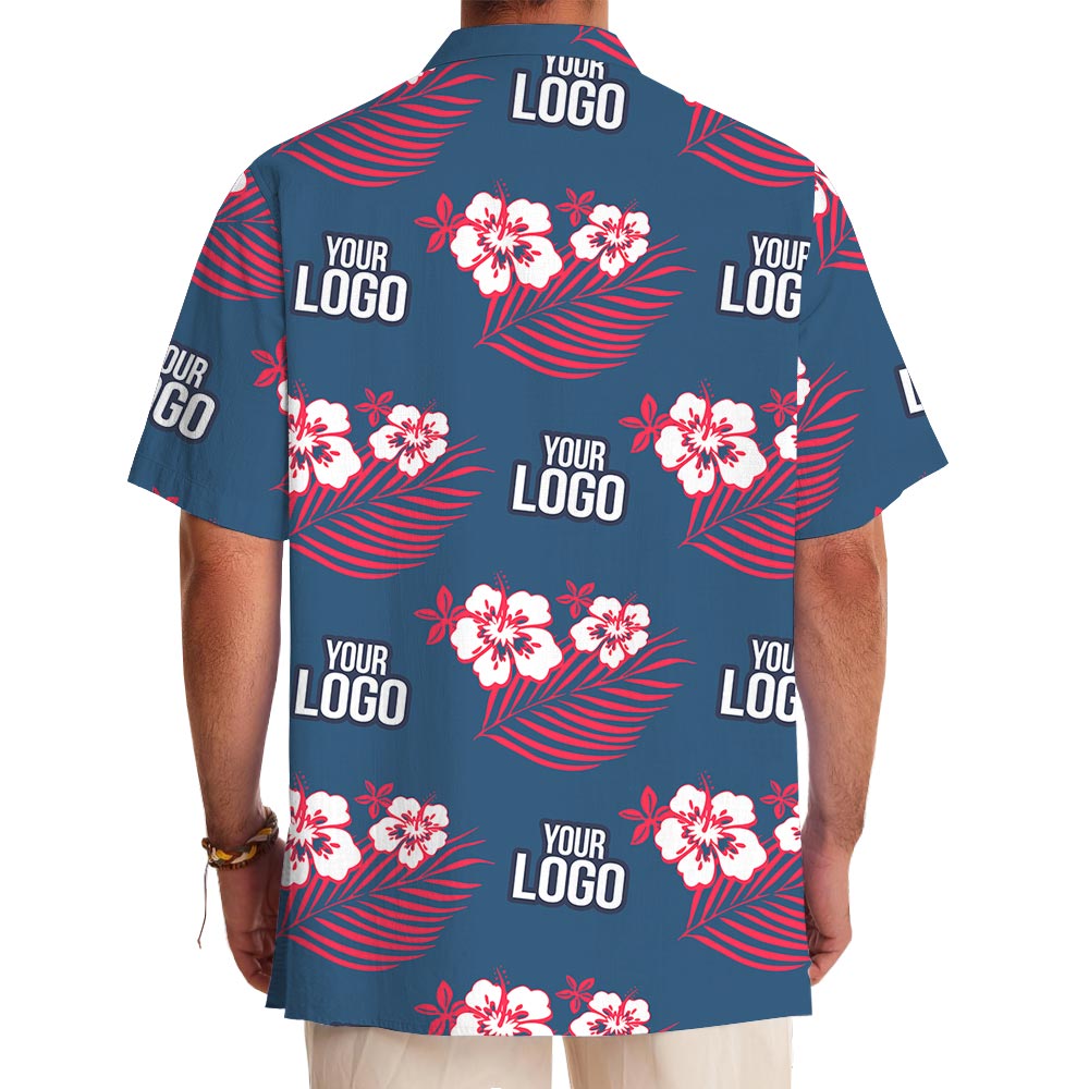 Custom Logo Pink Hibiscus Navy Hawaiian Beach Shirt