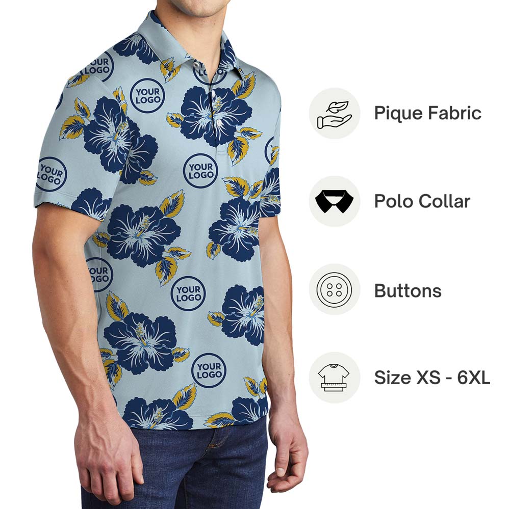 Light Blue Floral Polo Shirt With Custom Logo