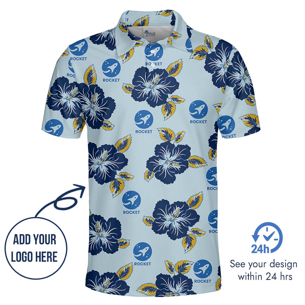 Light Blue Floral Polo Shirt With Custom Logo