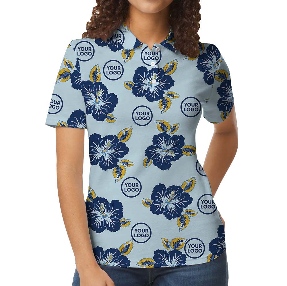 Light Blue Floral Polo Shirt With Custom Logo
