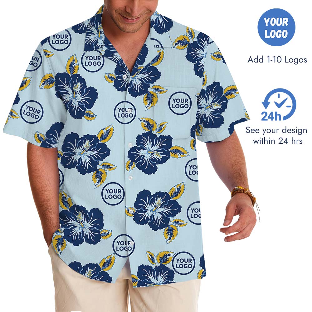 Light Blue Hawaiian Shirt With Floral And Custom Logo