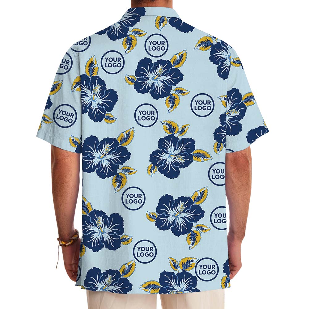 Light Blue Hawaiian Shirt With Floral And Custom Logo