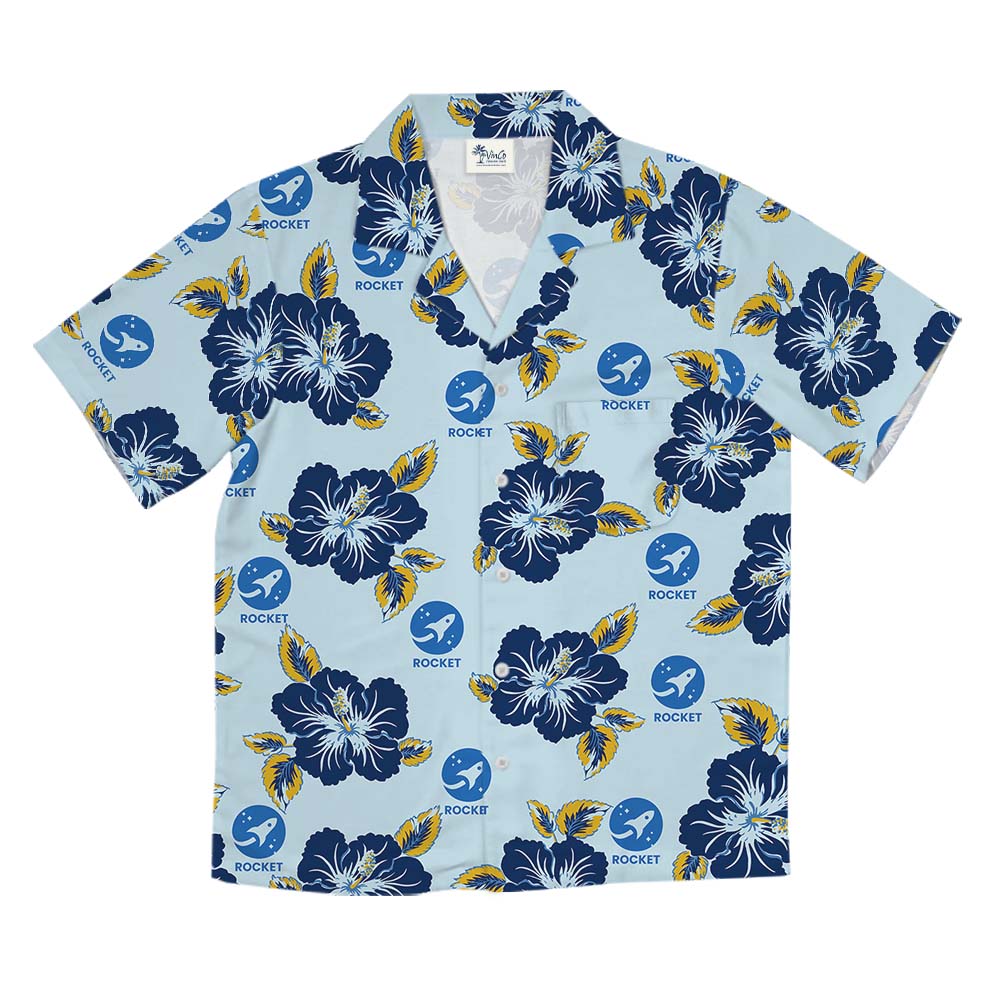 Light Blue Hawaiian Shirt With Floral And Custom Logo