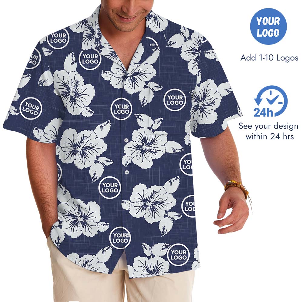 Custom Branding Navy Hawaiian Shirt