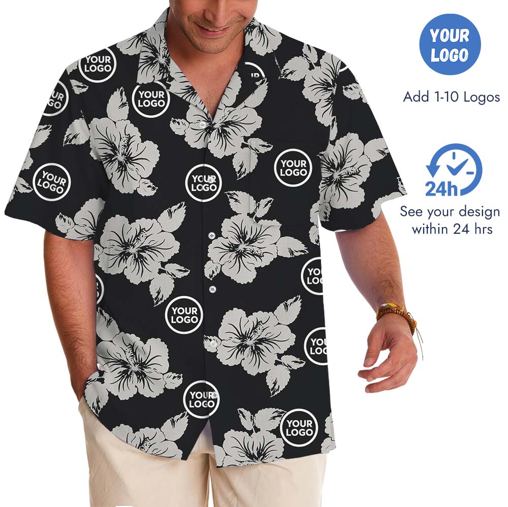 Black And Gray Floral Aloha Shirt With Logo