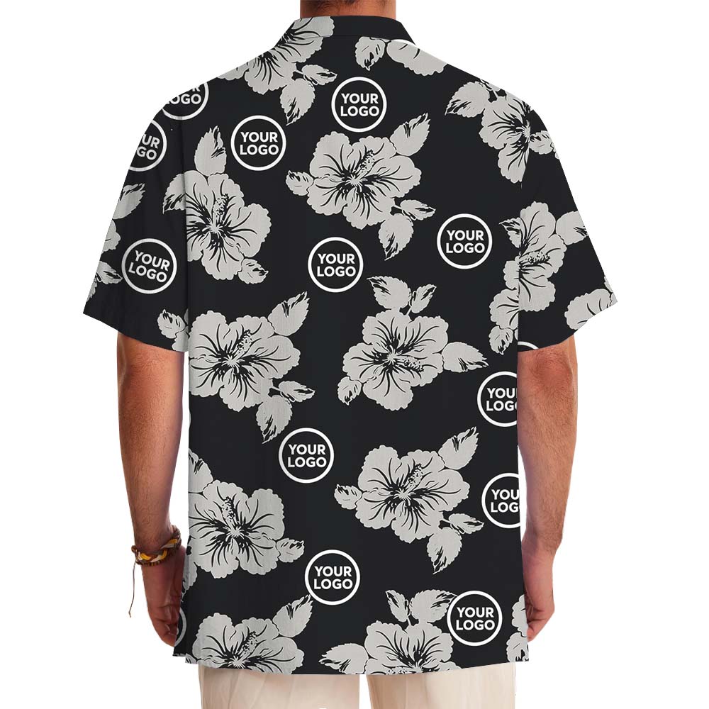 Black And Gray Floral Aloha Shirt With Logo