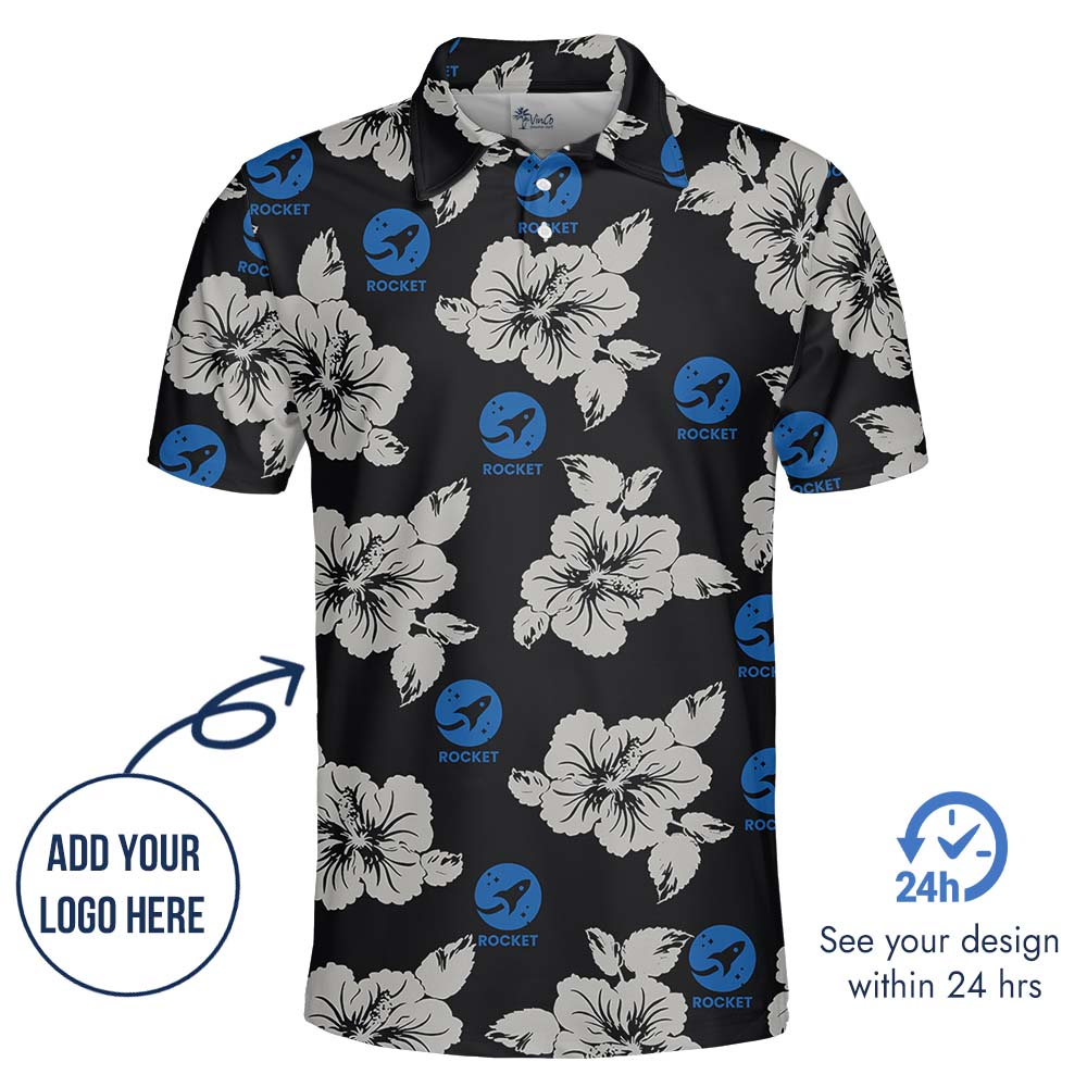 Custom Branding Black Polo Shirt With Hibiscus Print