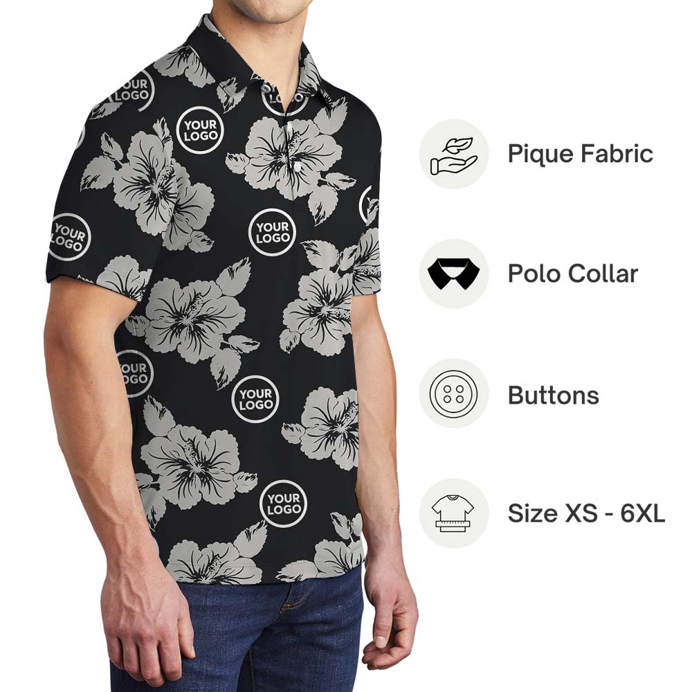 Custom Branding Black Polo Shirt With Hibiscus Print