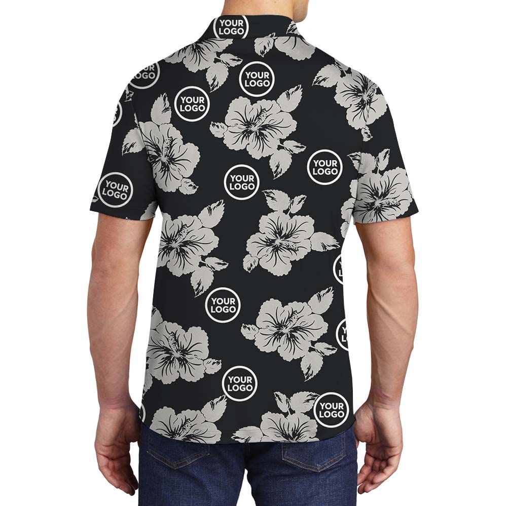 Custom Branding Black Polo Shirt With Hibiscus Print