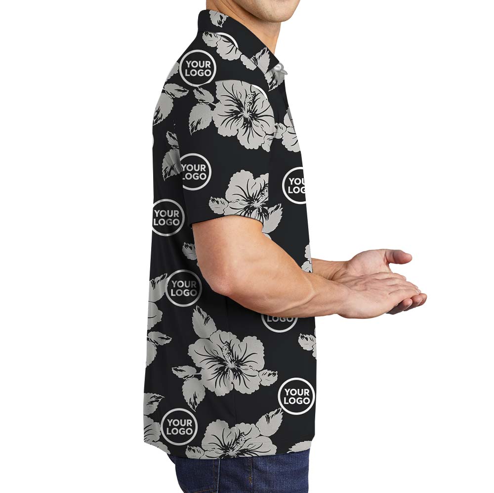 Custom Branding Black Polo Shirt With Hibiscus Print