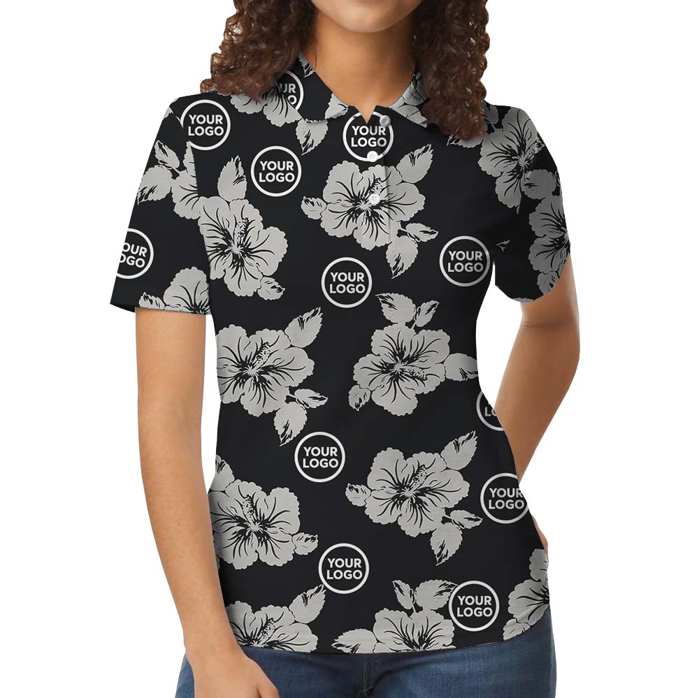 Custom Branding Black Polo Shirt With Hibiscus Print