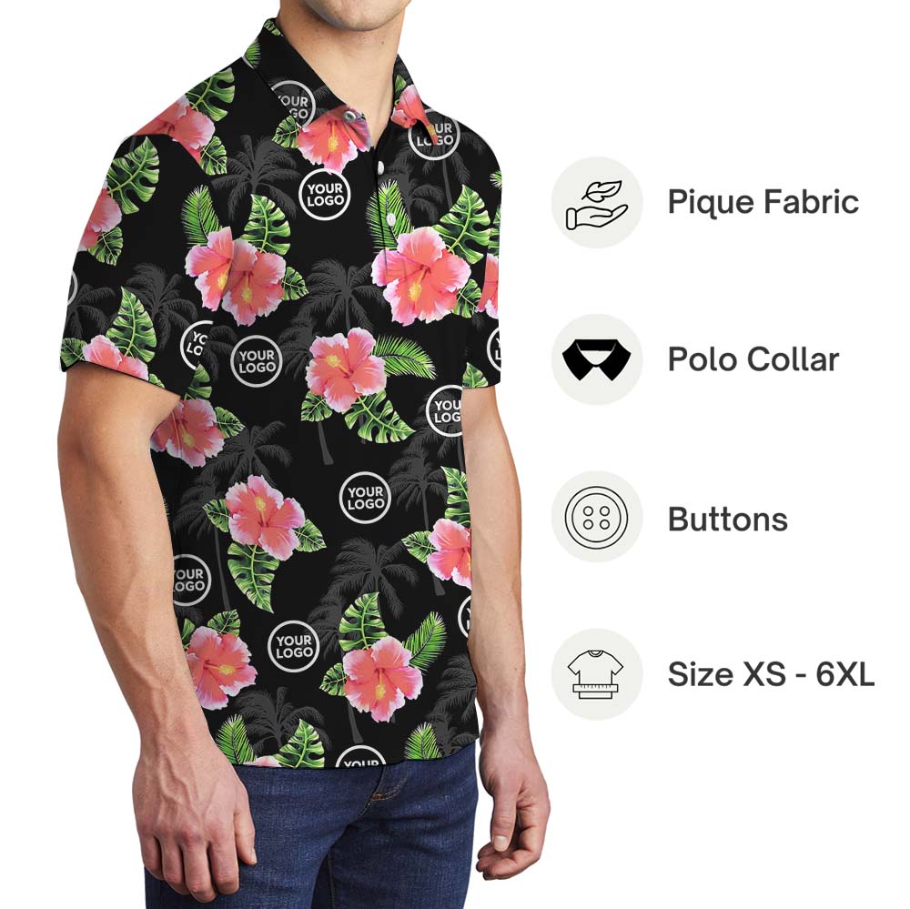 Personalized Logo Black Polo Shirt With Floral Print