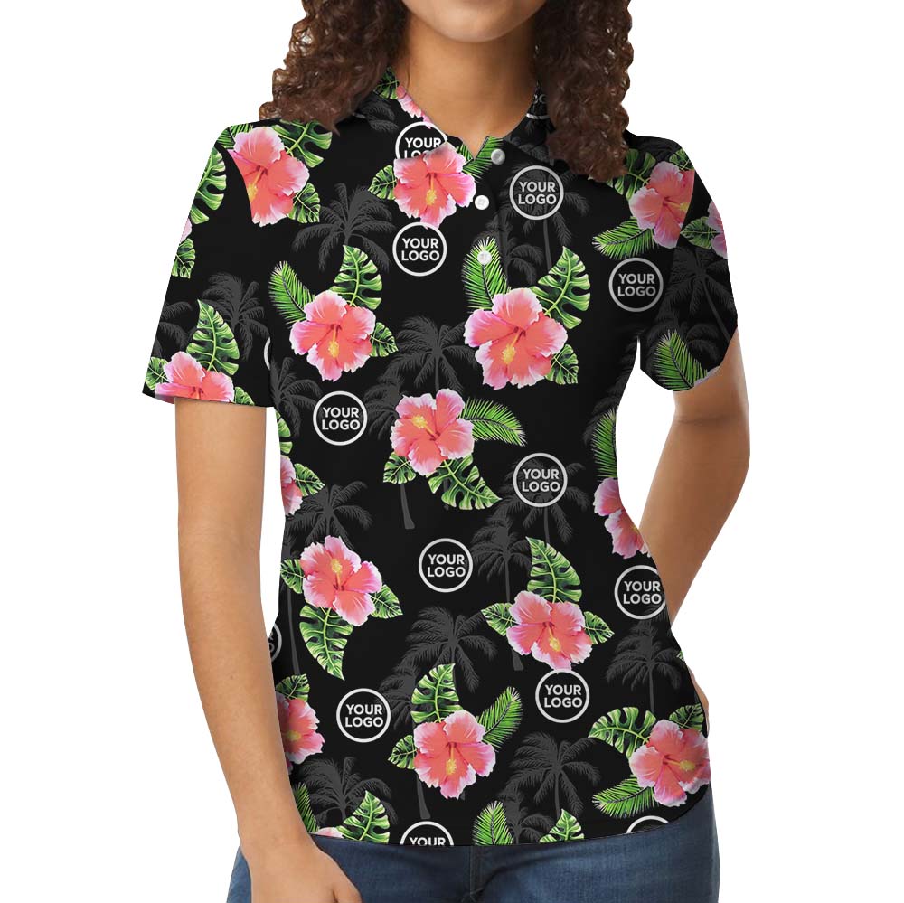 Personalized Logo Black Polo Shirt With Floral Print