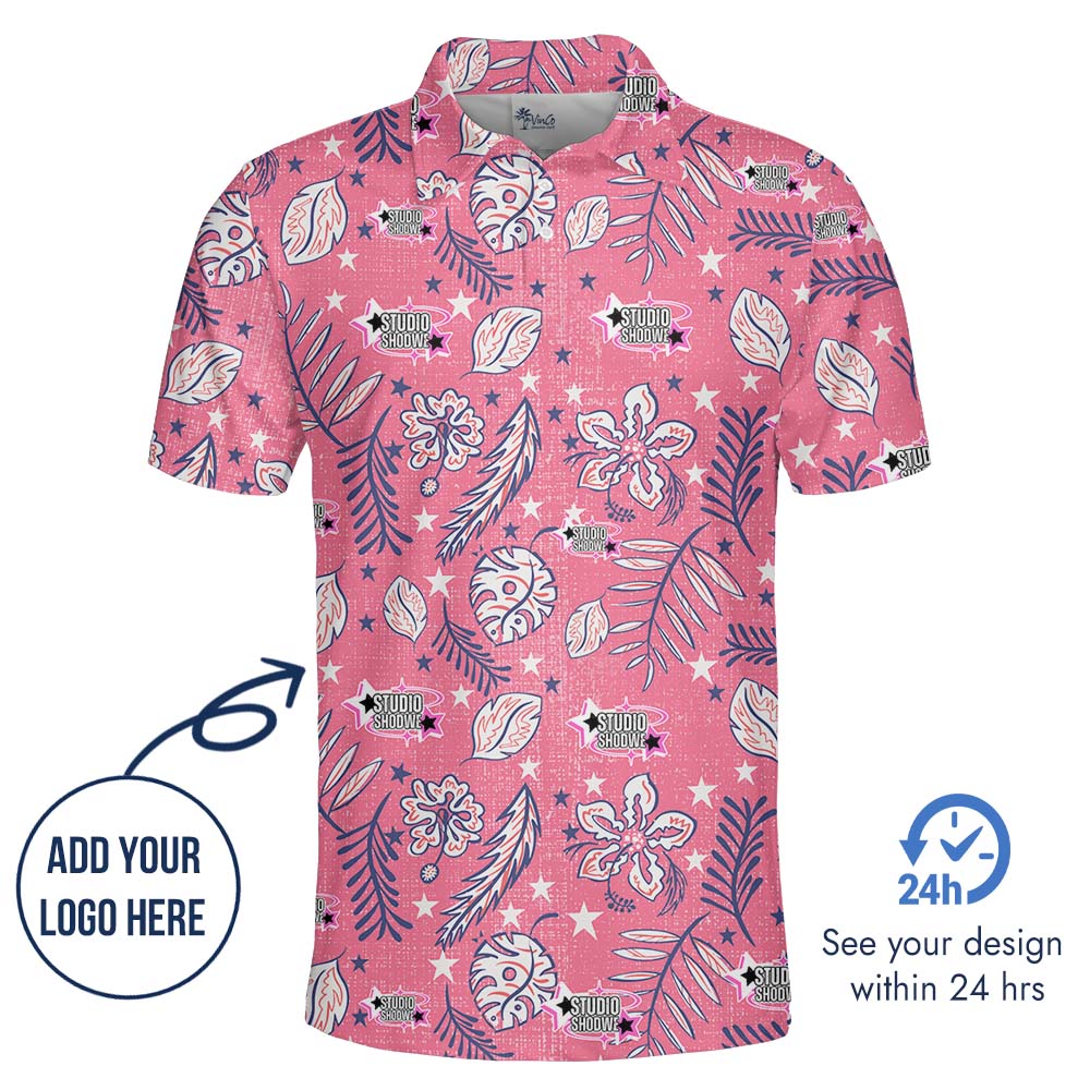 Retro Pink Floral Polo Shirt With Custom Face Or Logo