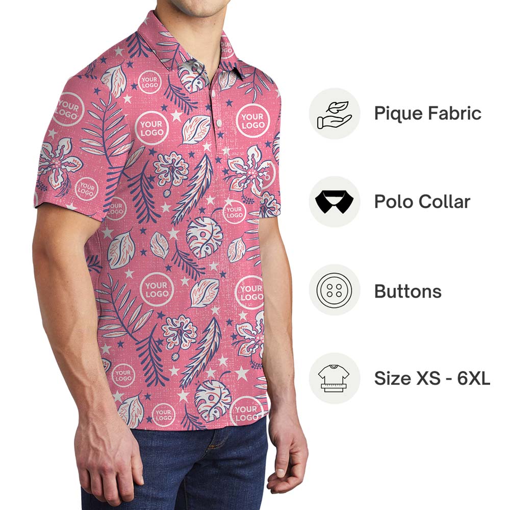 Retro Pink Floral Polo Shirt With Custom Face Or Logo