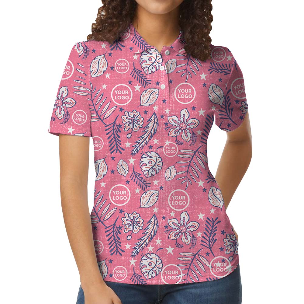 Retro Pink Floral Polo Shirt With Custom Face Or Logo