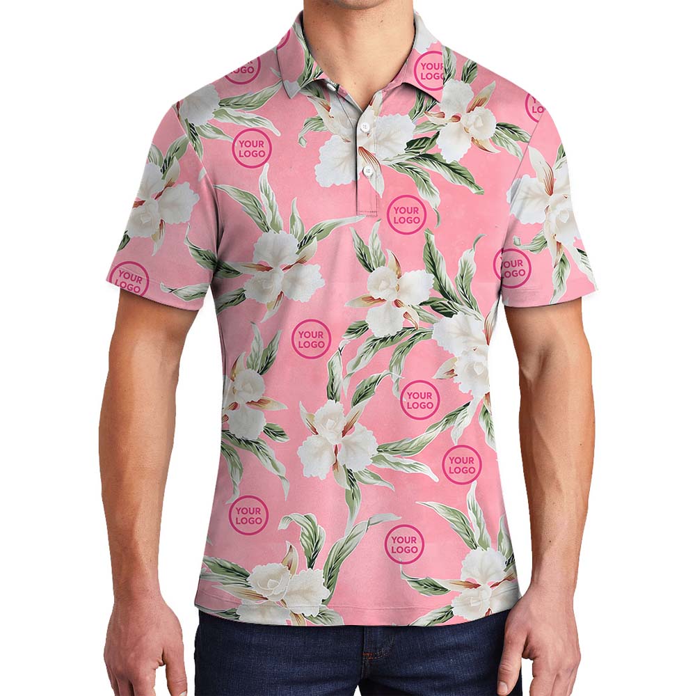 Elegant Floral Pink Polo Shirt With Custom Logos - variant image 1