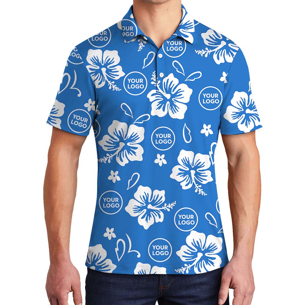 Big Hibiscus Blue Polo Shirt With Custom Logo - variant image 1