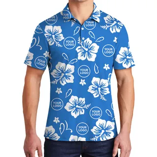 Big Hibiscus Blue Polo Shirt With Custom Logo