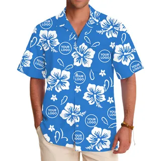 Blue Aloha Hawaiian Shirt With Multiple Logos