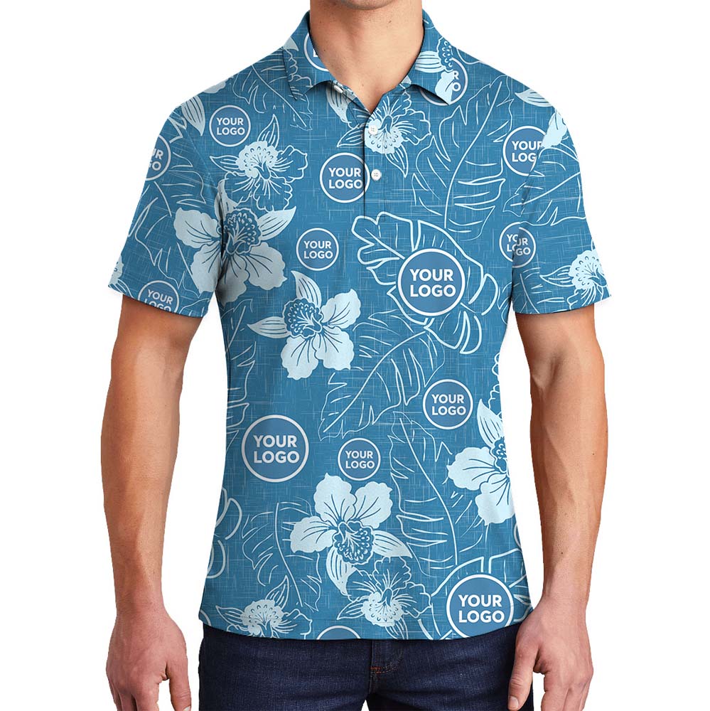 Tropical Print Blue Polo Shirt With Custom Logo - variant image 1