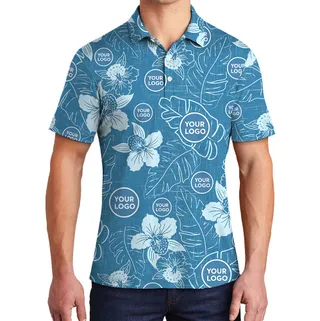 Tropical Print Blue Polo Shirt With Custom Logo