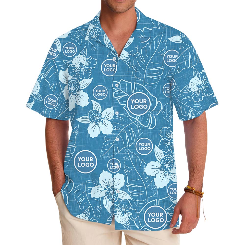 Elegant Floral Blue Hawaiian Shirt With Custom Logo - variant image 1