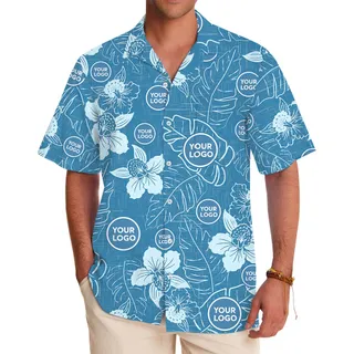 Elegant Floral Blue Hawaiian Shirt With Custom Logo
